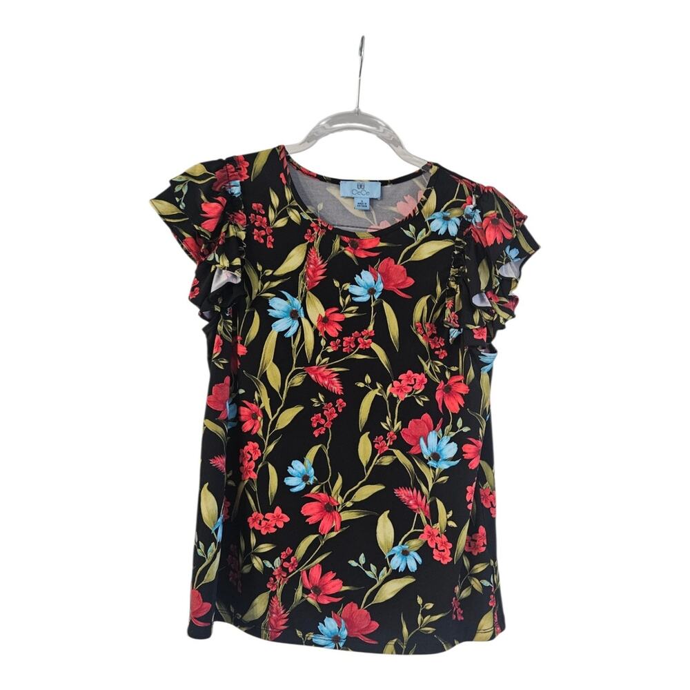 CeCe Womens Size S Blouse Top Floral Layered Flutter Sleeves Stretch